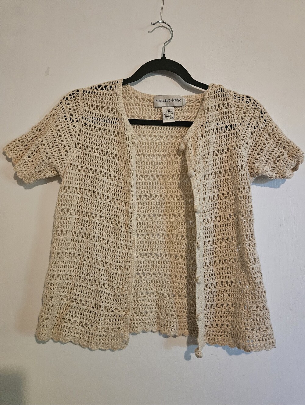 Hampshire Studio Tan Open Knit Scalloped Hem Button Down Shrug PM